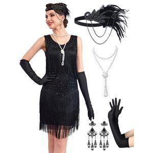 7233 1920s Flapper Dresses For Women,lace V Neck Great Gatsby